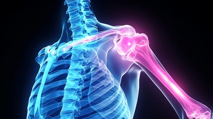 X-ray of shoulder joint, pain area depicted with glowing blue light, realistic bone structure, smooth contours, soft shadow depth for visual emphasis, blue tint on non-painful bones,