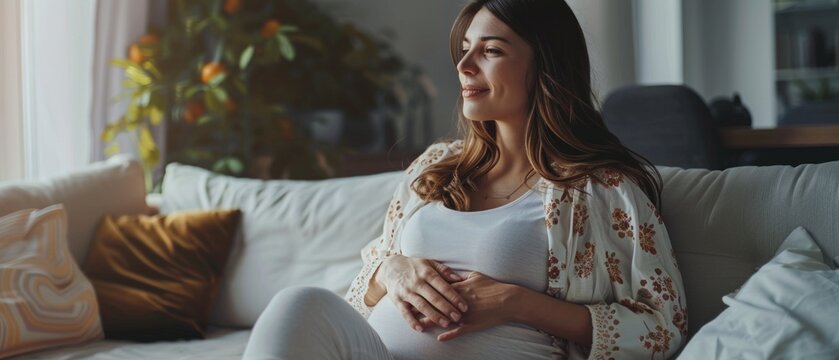 A pregnant woman sits on a bright couch, hand on belly, lost in thought. Sunlight fills the room, creating a cozy, serene atmosphere.