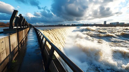Flood Barrier Overwhelmed by the Sheer Power of Incoming Water as City Braces for Impact   Powerful image depicting the overwhelming force of floodwaters as a barrier fails to hold back the surge