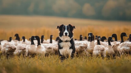 Sheepdog herding geese in a rural setting, domestic animal, traditional farmwork concept