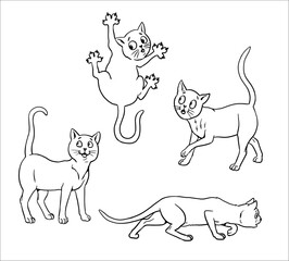 Set of funny cats to color in. Cartoon animal characters. Vector drawing.