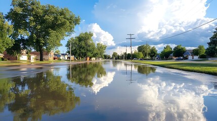 Flooded urban streets reflecting the tumultuous stormy sky with water levels rapidly rising to cover the sidewalks in the aftermath of a severe weather event  The scene conveys a sense of crisis