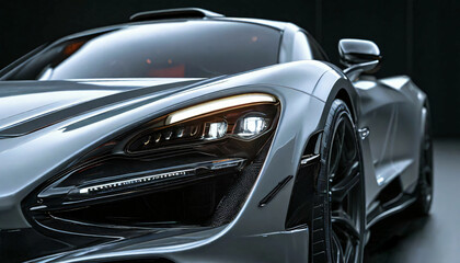Shiny gray horizontal format sports car in showroom front view to promote luxury cars and lifestyle.