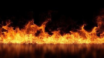 Obraz premium Realistic Fire Flames Border On Black Background, Isolated With Reflection. Place For Text Or Design