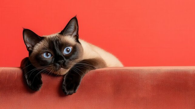 Siamese cat lounging on a velvet sofa, domestic pet, elegant living room setting