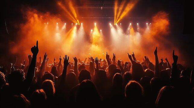 Massive crowd with raised hands enjoys concert lighting and atmosphere during music performance.