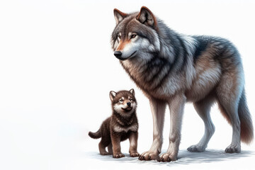 Obraz premium Two wolves, an adult and a cub on a white background. Space for text.
