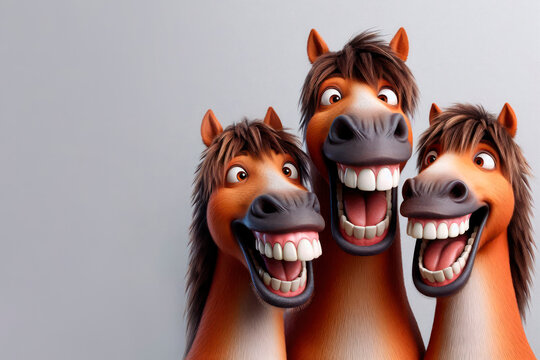 Three cartoon horses with big smiles and huge teeth. Space for text.