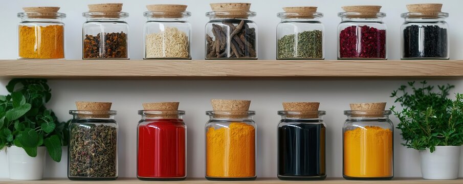Traditional apothecary shop with shelves filled with glass jars, containing various dried roots, berries, and powders, 3D illustration