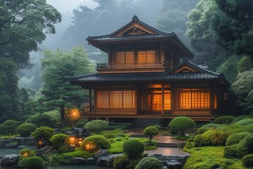 Fototapeta premium traditional japanese house nestled in serene countryside showcasing wooden architecture surrounded by lush greenery evoking tranquility and heritage