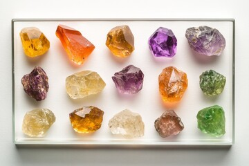 Display of colorful mineral specimens highlighting various textures and hues under natural light