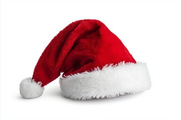 A red Santa hat with a white pompom, Christmas hat isolated on white background 