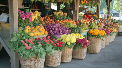 Vibrant Market Scene: A Colorful Display of Fresh Produce and Flowers at a Local Farmers' Market in the Heart of Nature's Abundance