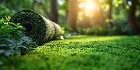 Green artificial grass rolled into a roll in the backyard