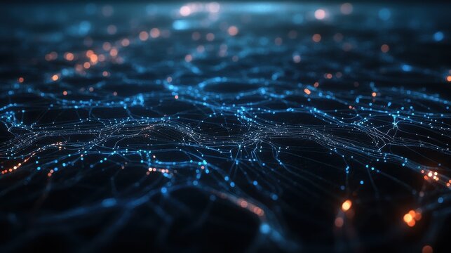 A dark, futuristic surface of interconnected circuits and glowing lines, stretching outwards