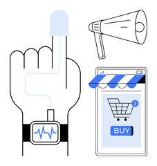 A hand with a smart wearable device, an e-commerce shopping cart on a smartphone screen, and a megaphone represent modern trends. Ideal for illustrating technology, healthcare, online shopping