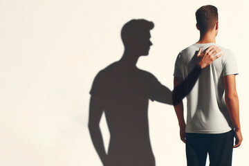 Fototapeta premium A person stands in front of his own shadow, symbolizing an internal conflict. Space for text.