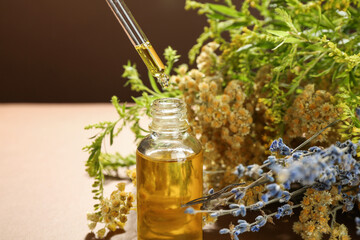 Dripping tincture from pipette into bottle and herbs on color background, closeup