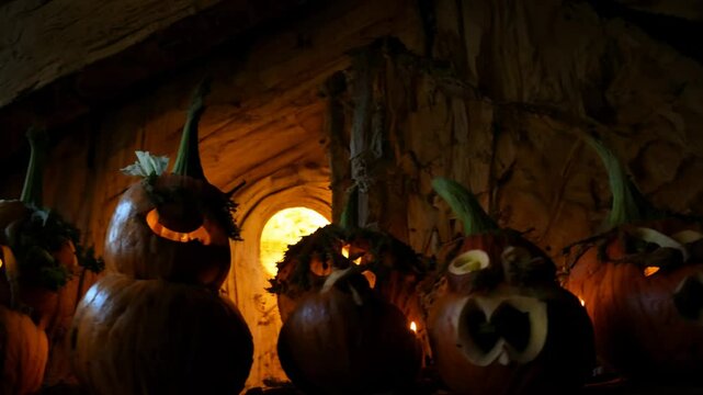 Camera pans across carved turnips during Hop-tu-Naa in a dimly lit barn, eerie faces emerge from the shadows