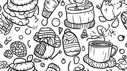 A detailed cozy winter-themed pattern, depicting knitted mittens, woolen scarves, steaming cocoa mugs, and winter hats amidst snowflakes and pinecones. Light,