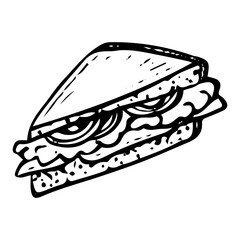 Tuna sandwich with vegetables hand drawn doodle. Toasted bread, fish, lettuce, tomatoes, onions, sauce. Fast food to go. Lunch snack. Time to eat. Vector sketch line art illustration.