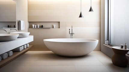 Fototapeta premium Modern minimalist bathroom with freestanding white bathtub, double sinks, large mirror, pendant lights, and decorative shelf. Neutral tones and contemporary design elements enhance the space.