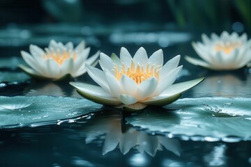 tranquil water lilies float serenely on a still pond evoking mindfulness with gentle ripples reflecting soft sunlight ample blank space allows for text overlay