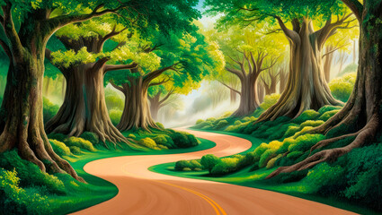 A majestic road winding through a dense forest with large trees.