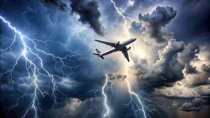 Naklejka premium Stormy skies with lightning bolts over airplane
