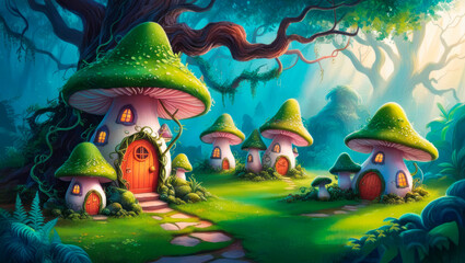 Magical mushroom houses in an enchanted forest.