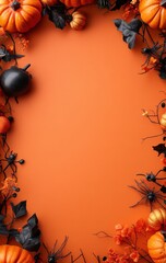 Obraz premium Festive Halloween background with orange pumpkins and black spider decorations on a bright orange sheet of paper