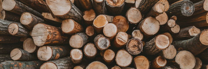 Fototapeta premium A pile of wood logs with a rustic, natural feel. The logs are stacked in various sizes and orientations, creating a sense of depth and texture. The scene evokes a feeling of warmth and coziness