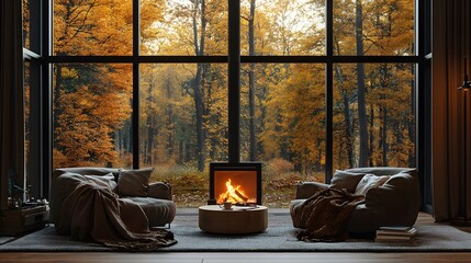 A cozy room with large windows, fall trees outside, a fireplace and comfortable chairs, warm blankets, candles, and autumn decor. 