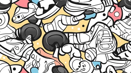 A detailed fitness-themed pattern, depicting dumbbells, kettlebells, resistance bands, running shoes, and people performing exercises amidst abstract patterns and movement lines. Light,