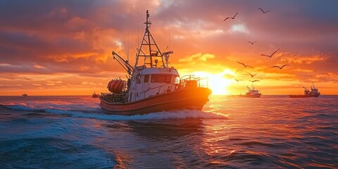 Fishing boat navigates the ocean at sunset with seagulls soaring overhead.