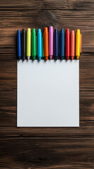 Obraz premium Colorful markers on blank paper, wooden backdrop.