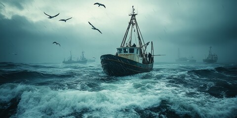 Obraz premium A rugged fishing boat navigates turbulent waters under an overcast sky.