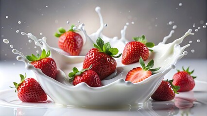 Strawberries falling into yogurt with splashes, Depth of Field