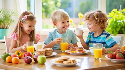 Three children happily eating breakfast with juice, fruit, and pastries, sharing a joyful morning meal at a sunny table.

