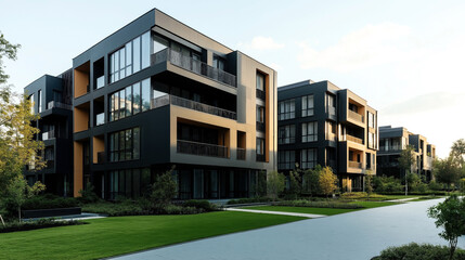 Obraz premium Modern residential apartment buildings with large windows and balconies surrounded by landscaped greenery and paths under a clear sky.