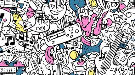 A detailed music-themed pattern, depicting electric guitars, drum sets, neon-colored keyboards, and swirling music notes amidst abstract sound wave shapes. Light,
