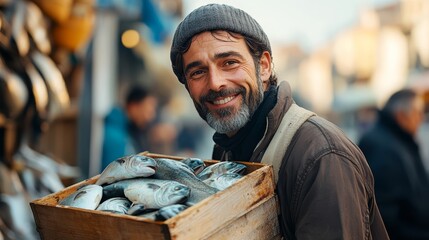 Smiling Middle-Eastern man with a beard holding a wooden crate of fresh fish at the market.