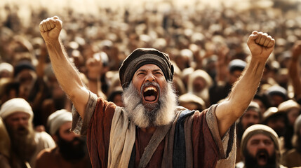 Historical scene of a bearded man with raised fists shouting amidst a large crowd, evoking ancient times and a sense of unity or protest.