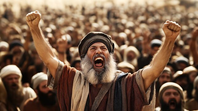 Historical scene of a bearded man with raised fists shouting amidst a large crowd, evoking ancient times and a sense of unity or protest.