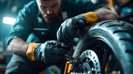Close up Shot of a Skilled Mechanic s Hands Meticulously Adjusting a Car s Suspension Components Using a Power Tool in a Garage Setting with a Digital Binary Inspired Color Scheme