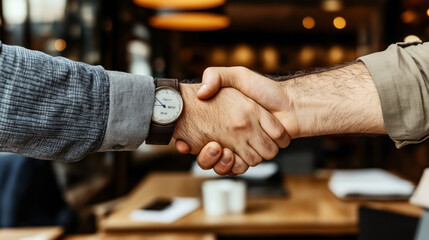 Close-up of two people shaking hands in a casual setting, one wearing a watch, with a blurred background suggesting a caf꧃ 漀爀 漀昀昀椀挀攀 攀渀瘀椀爀漀渀洀攀渀琀⸀�
