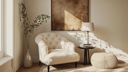 A cozy living room corner home mockup 3d render with Tufted Armchair and Minimalist Decor