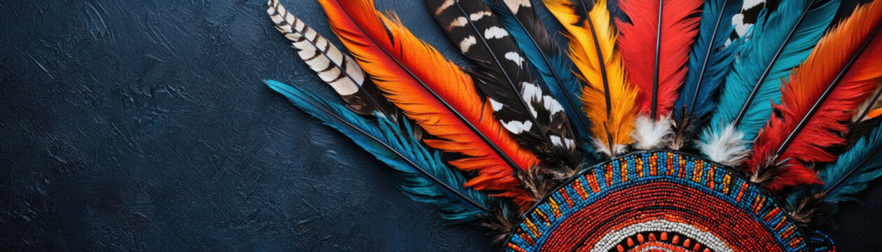 Colorful feathers in vibrant shades of orange, blue, and black create stunning folkloric headdress, showcasing intricate craftsmanship and cultural significance