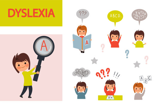 Dyslexia child concept. Dyslexia infographic. cute boy holds a large magnifying glass and studies the letters. Reading skills.  speech Therapy ,Vector illustration isolated on white background.