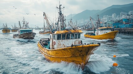 Vibrant fishing boats maneuver through a busy harbor, showcasing maritime activity.